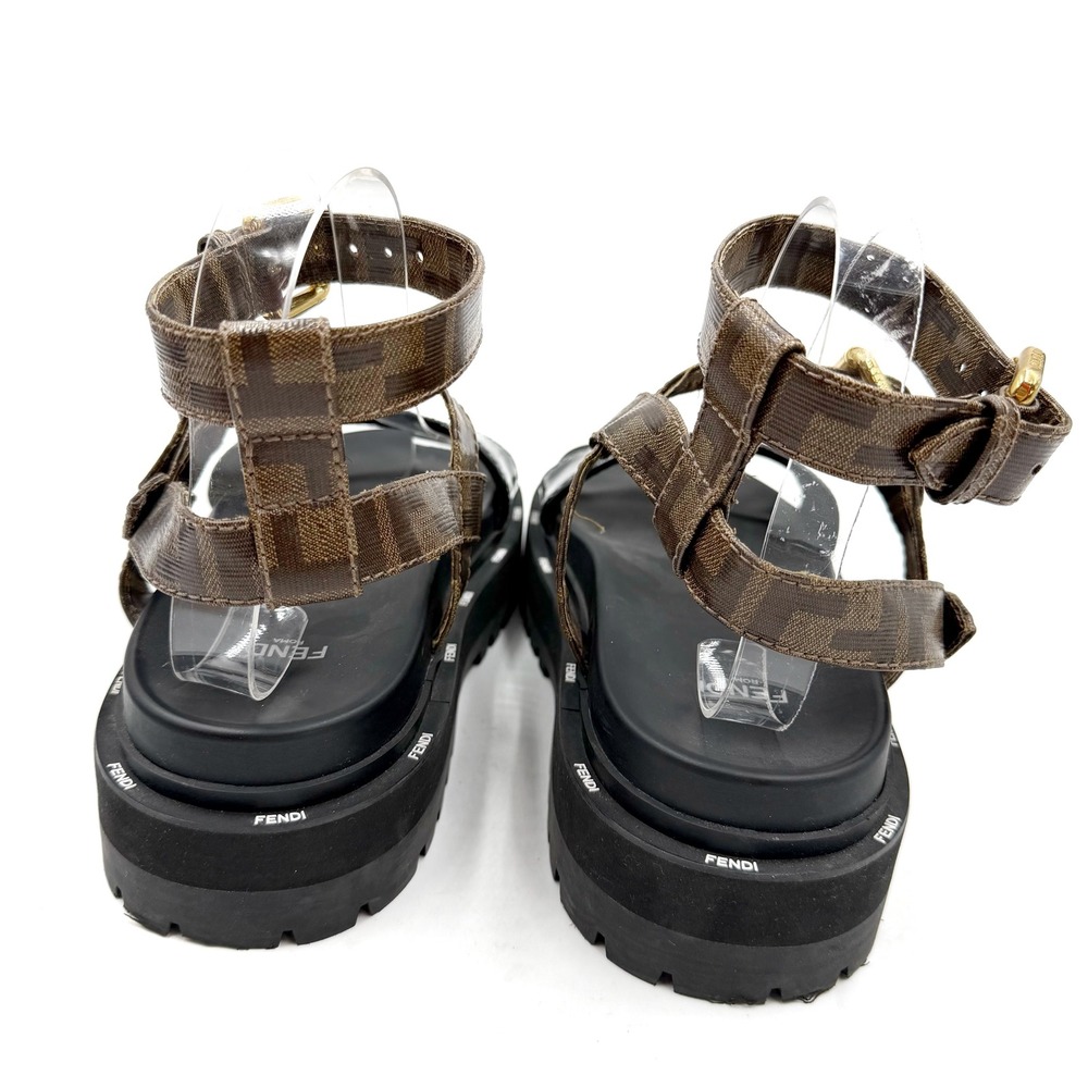 Fendi Zucca FF Platform Sandals Monogram Logo Brown Black Gladiator Sz 38 / 8 - Picture 4 of 13